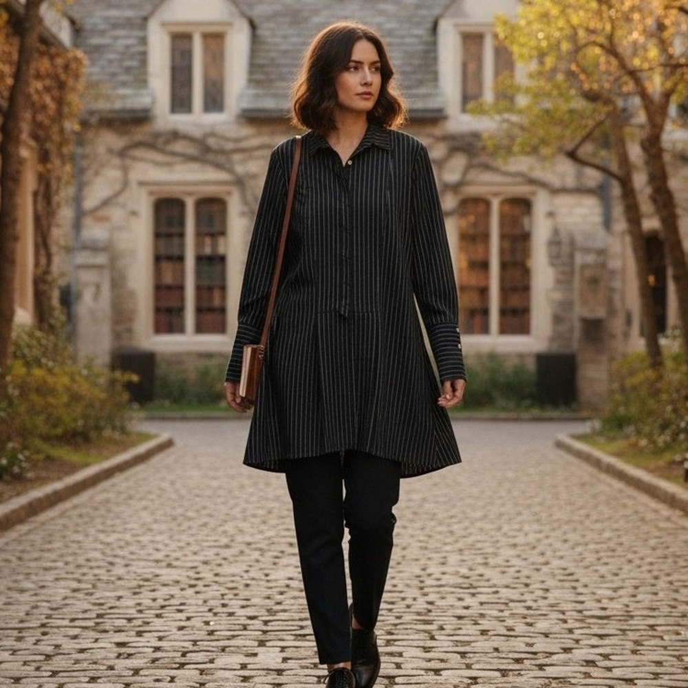 Comfy USA Shirt Dress M Black Pinstripe Dark Academia Minimalist Stretch Vent